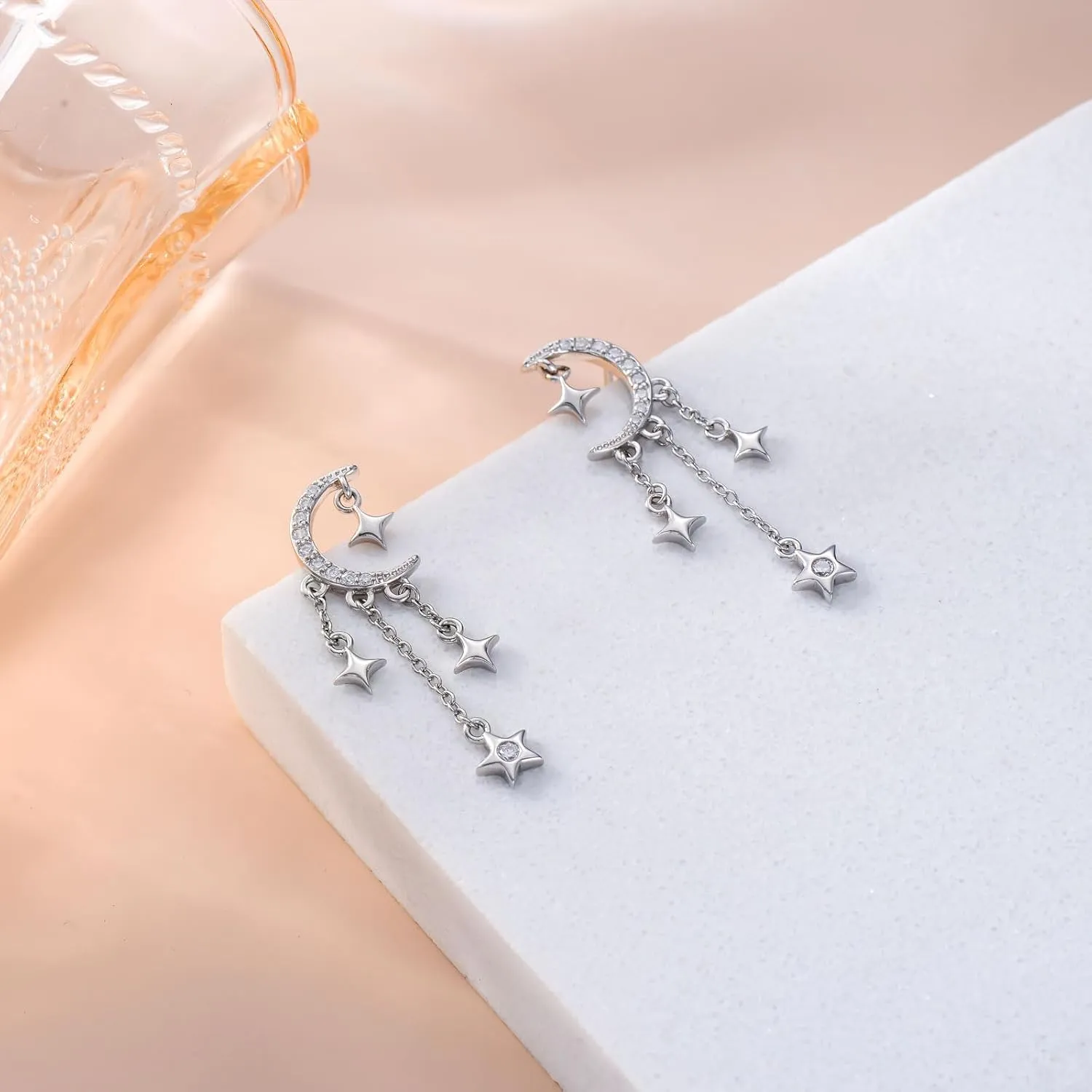 OHAYOO Star Earrings 925 Sterling Silver Crescent Moon Star Stud Earrings with Sparkling CZ Moon Star Tassel Earrings