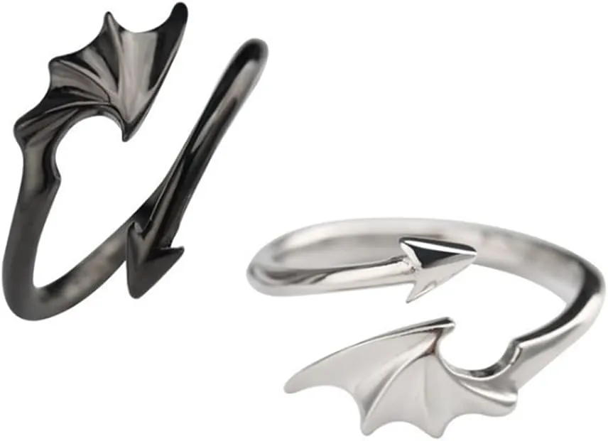 OIDIMS 1 Pair Angel Devil Wings Couples Matching Rings for Women Men Open Adjustable Black Silver Tail Ring Fashion Promise Wedding Engagement Jewelry for Him and Her Valentine Girlfriend Boyfriend