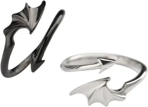 OIDIMS 1 Pair Angel Devil Wings Couples Matching Rings for Women Men Open Adjustable Black Silver Tail Ring Fashion Promise Wedding Engagement Jewelry for Him and Her Valentine Girlfriend Boyfriend