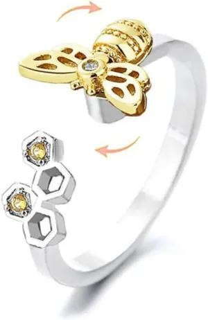OIDIMS Cute Bee Fidget Spinner Rings for Women Sterling Silver Plated Anxiety Rotate Freely Stress Relief Adjustable Open Ring Cubic Zirconia Lovely Honeycomb Fashion Jewelry Gifts Birthday Xmas
