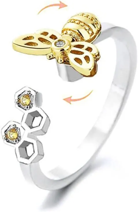 OIDIMS Cute Bee Fidget Spinner Rings for Women Sterling Silver Plated Anxiety Rotate Freely Stress Relief Adjustable Open Ring Cubic Zirconia Lovely Honeycomb Fashion Jewelry Gifts Birthday Xmas