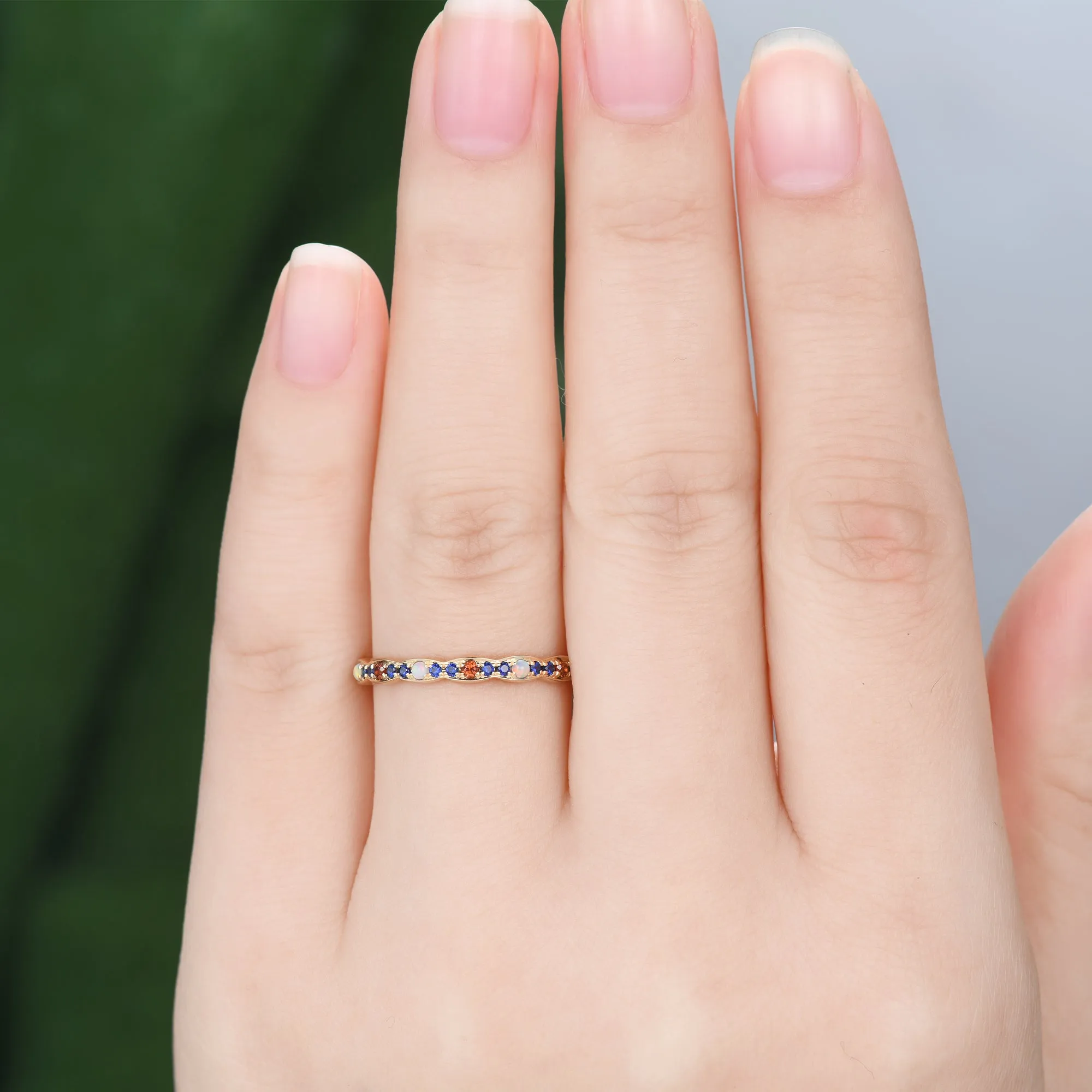 Opal Garnet Sapphire Yellow Gold Wedding Band Multiple Gemstone Full Eternity Ring