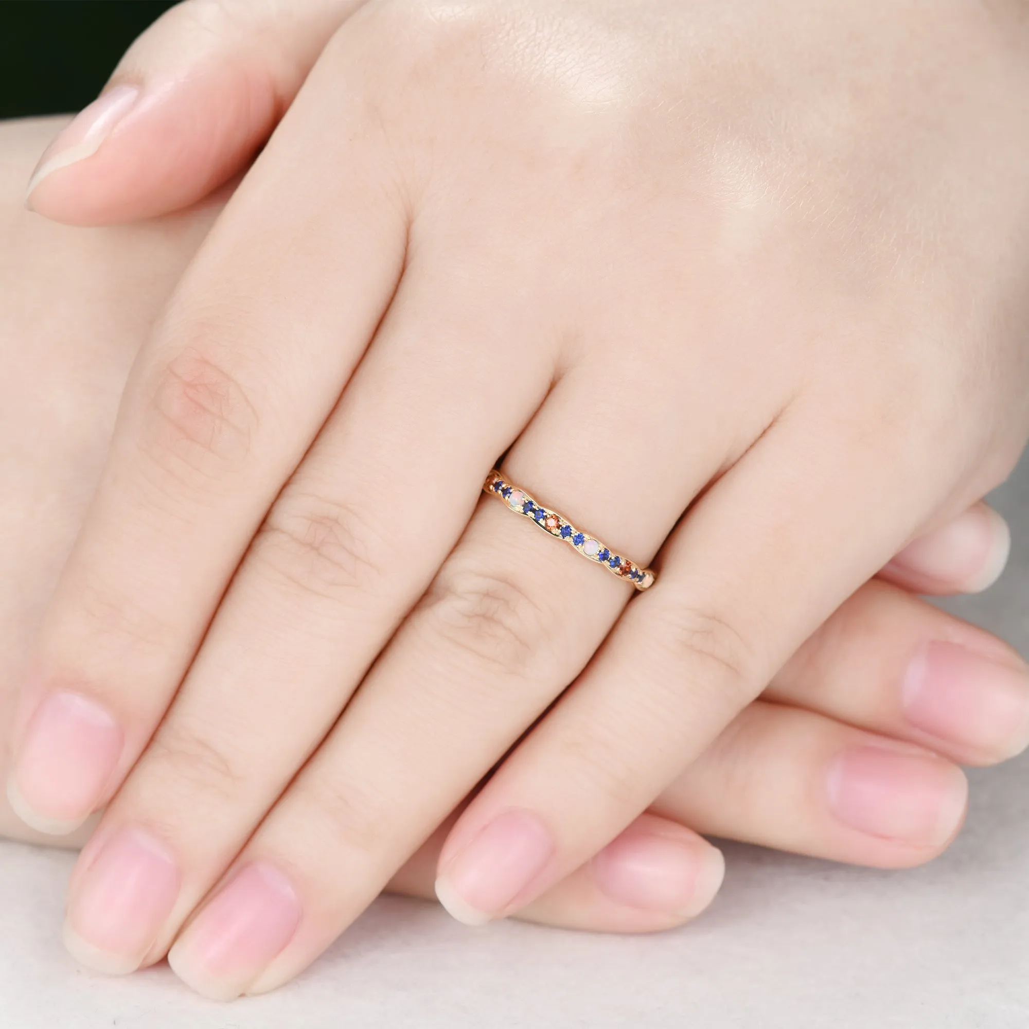 Opal Garnet Sapphire Yellow Gold Wedding Band Multiple Gemstone Full Eternity Ring