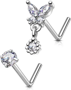 OUFER 2PCS Stainless Steel Nose Rings, Moon Star Butterfly Design 20G Nostril Dangle Piercing Jewelry - 7MM