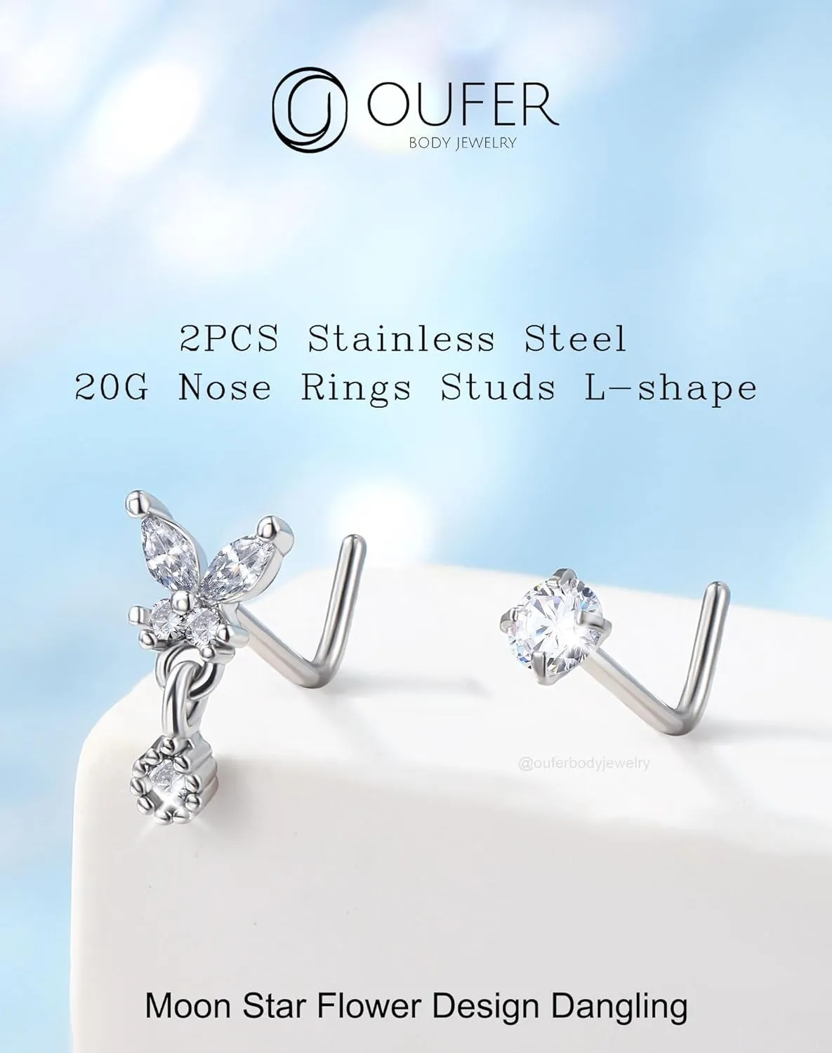 OUFER 2PCS Stainless Steel Nose Rings, Moon Star Butterfly Design 20G Nostril Dangle Piercing Jewelry - 7MM
