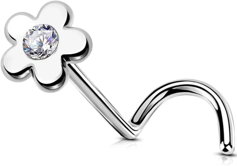 OUFER Nose Rings Studs, 20G Surgical Steel Nose Rings Corkscrew, Flower CZ Nostril Piercing Jewelry