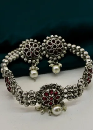 OXIDISED BEADS FLORET CHOKER
