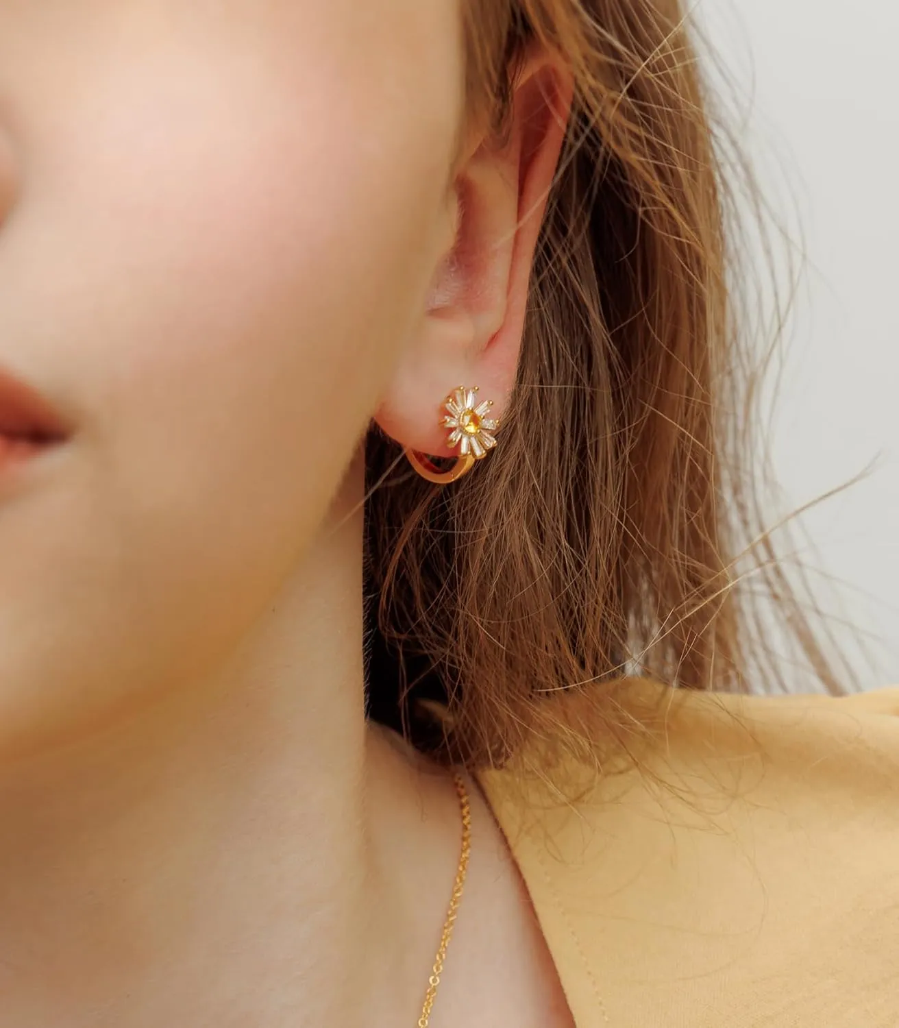 OZEL - Flower Earrings - Made in KOREA - Cute Stud Huggie Earrings for Women trendy - 14K Gold Plated 925 Sterling Silver Post - Lightwight Statement Earring - 10mm X 10mm