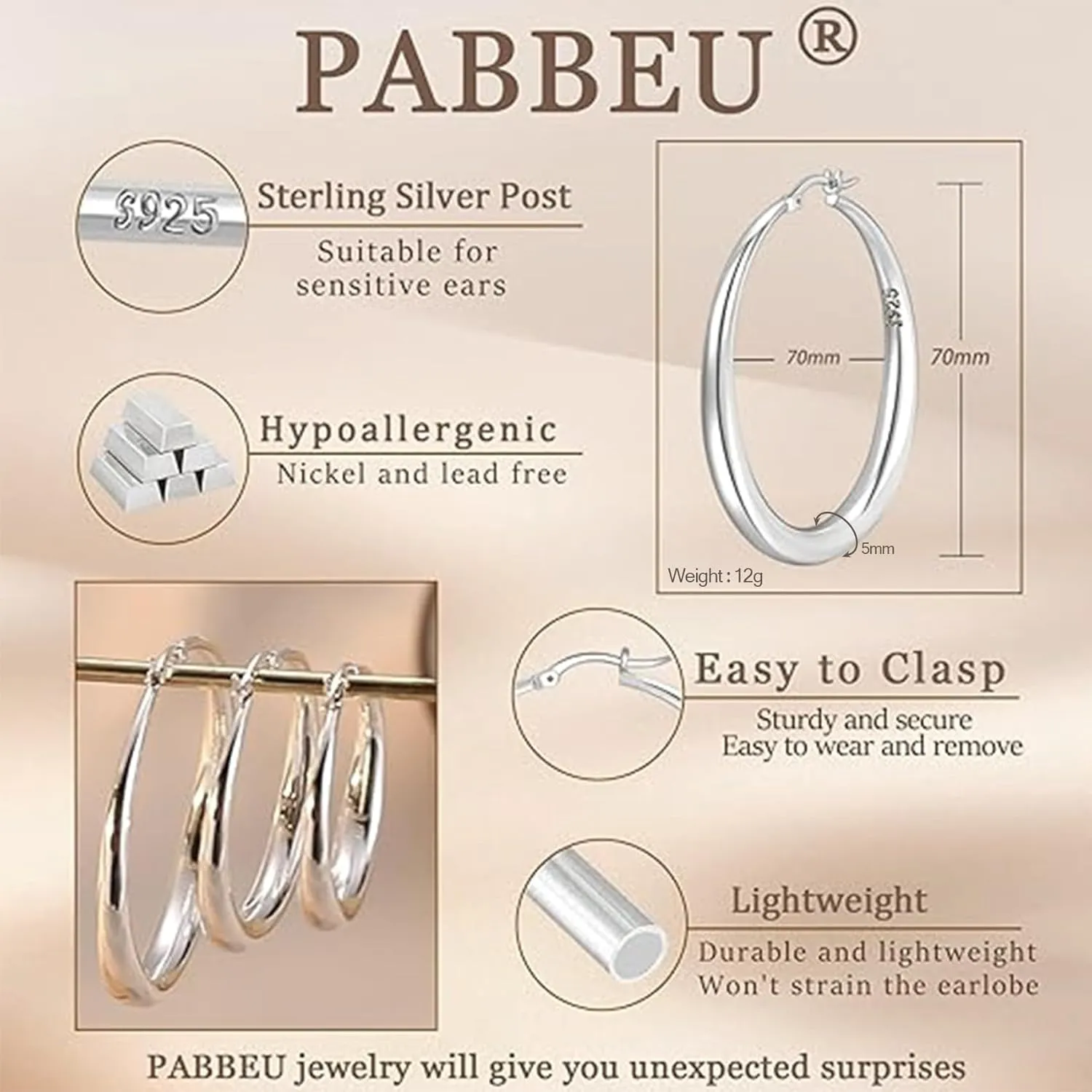 PABBEU S925 Sterling Silver Hoop Earrings Large Silver Hoop Earrings for Women Hypoallergenic Lightweight Big Thick Silver Hoop Earrings for Women Girls 35/40/50/60/70mm