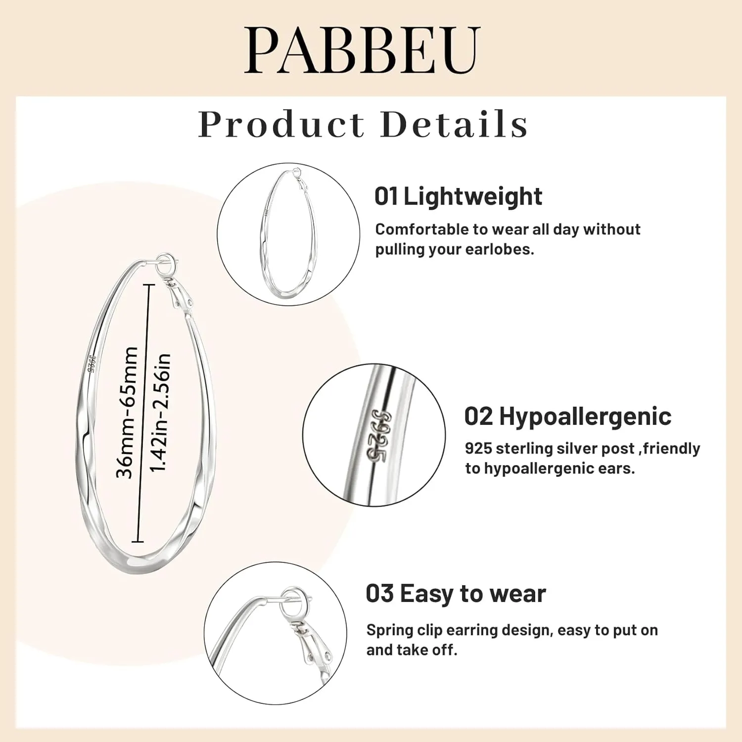 PABBEU Sterling Silver Hoop Earrings, Oval, Hypoallergenic, Trendy 14K Gold Plated