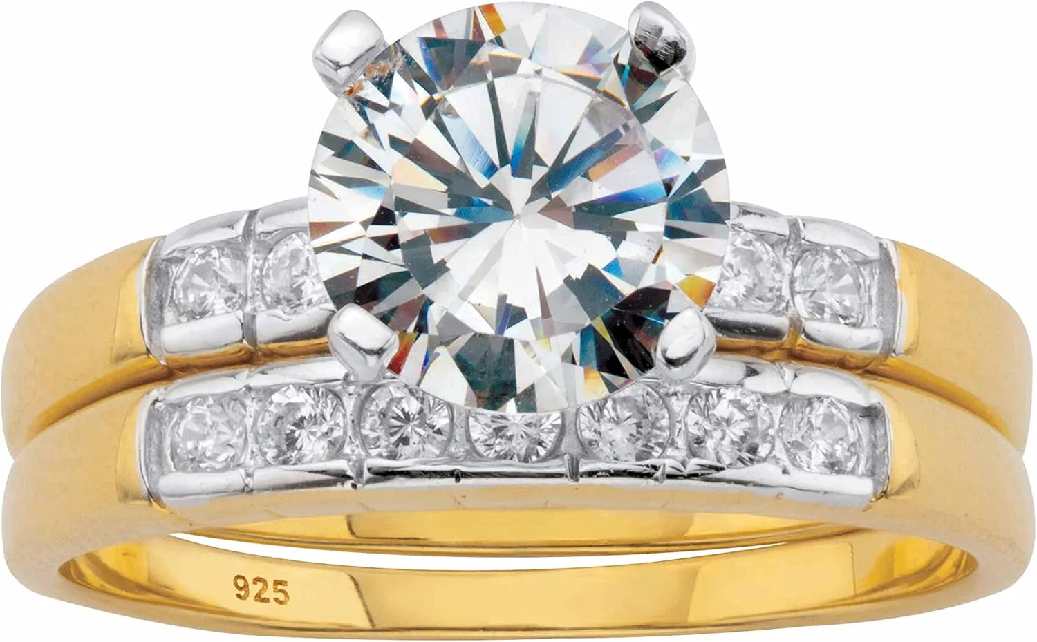 PalmBeach 18k Gold-Plated or Platinum-Plated Sterling Silver Round CZ Two Tone 2 Piece Bezel Set Bridal Ring Set Size 9