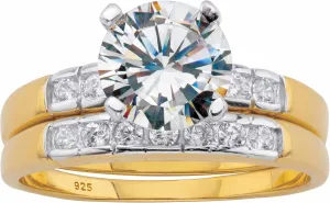 PalmBeach 18k Gold-Plated or Platinum-Plated Sterling Silver Round CZ Two Tone 2 Piece Bezel Set Bridal Ring Set Size 9