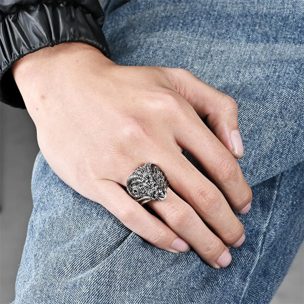 PAMTIER Men's Vintage Gothic Stainless Steel Rings Ram Sheep Goat Head Horn Biker Rings Punk Style