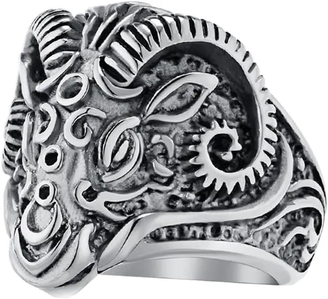 PAMTIER Men's Vintage Gothic Stainless Steel Rings Ram Sheep Goat Head Horn Biker Rings Punk Style