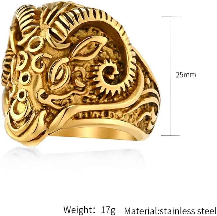 PAMTIER Men's Vintage Gothic Stainless Steel Rings Ram Sheep Goat Head Horn Biker Rings Punk Style