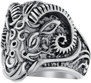 PAMTIER Men's Vintage Gothic Stainless Steel Rings Ram Sheep Goat Head Horn Biker Rings Punk Style