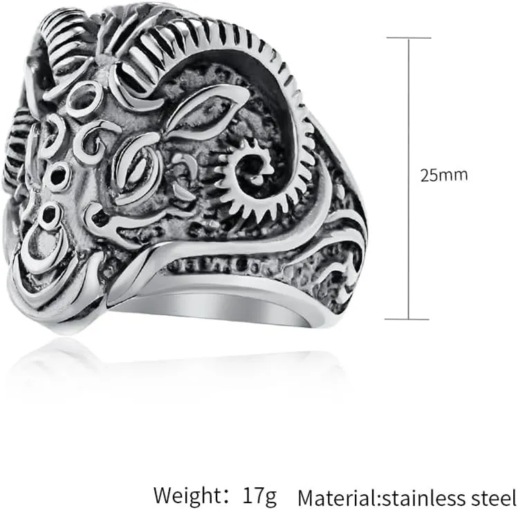 PAMTIER Men's Vintage Gothic Stainless Steel Rings Ram Sheep Goat Head Horn Biker Rings Punk Style