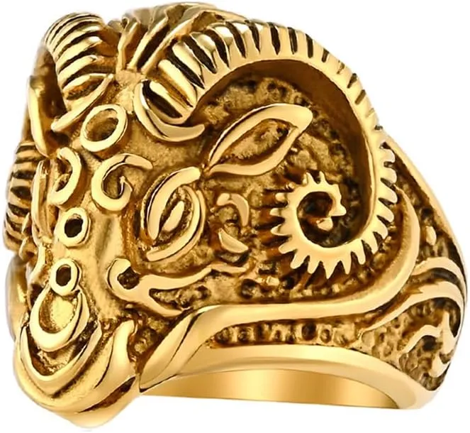 PAMTIER Men's Vintage Gothic Stainless Steel Rings Ram Sheep Goat Head Horn Biker Rings Punk Style