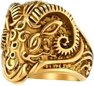 PAMTIER Men's Vintage Gothic Stainless Steel Rings Ram Sheep Goat Head Horn Biker Rings Punk Style