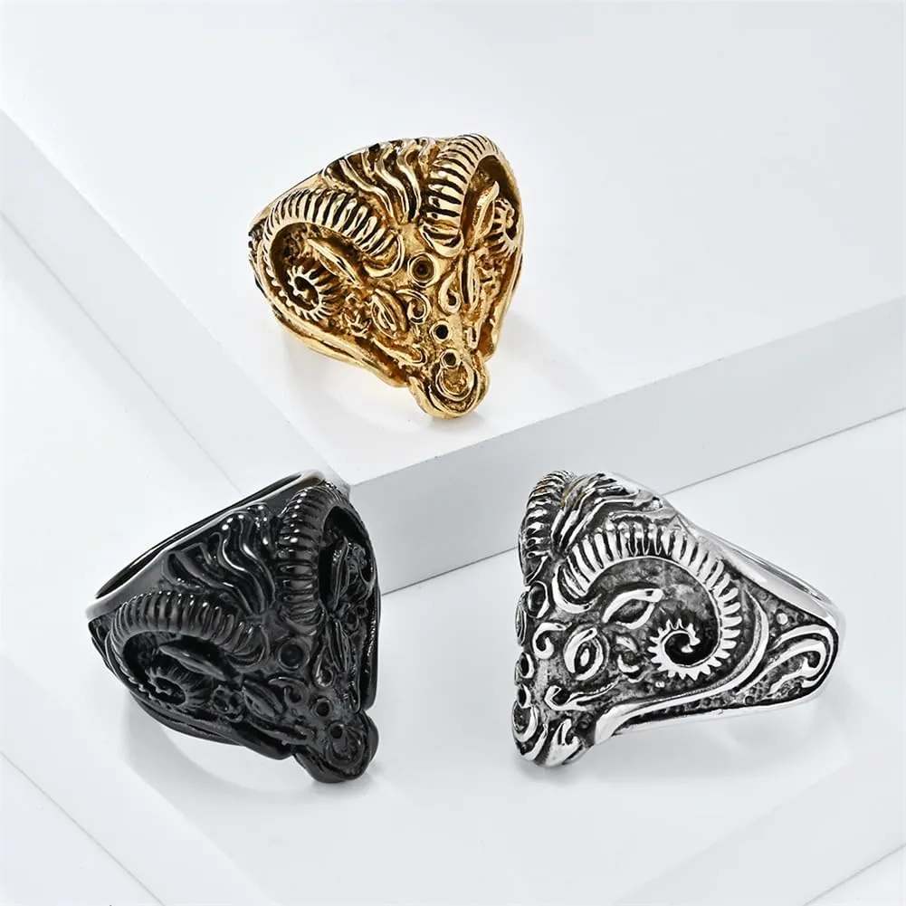 PAMTIER Men's Vintage Gothic Stainless Steel Rings Ram Sheep Goat Head Horn Biker Rings Punk Style