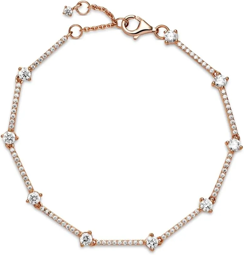 PANDORA Sparkling Pav Bars Bracelet - 14k Rose Gold-Plated Bracelet for Women - Features PANDORA Rose & Cubic Zirconia - Gift for Her, With Gift Box