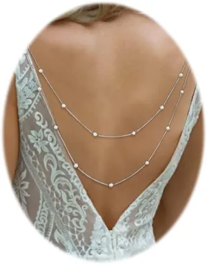 Pearl Back Chain Necklace Wedding Bridal Silver Gold Layered Backdrop Body Chain for Women Backless Dress