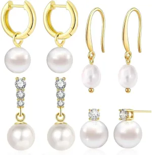 Pearl Earrings Set Hypoallergenic 14K Gold Plated Freshwater Long Pearl Drop Dangle Earrings 8mm 10mm Fake Pearls Studs for Women Gift Wedding Earrings for Brides Bridesmaid