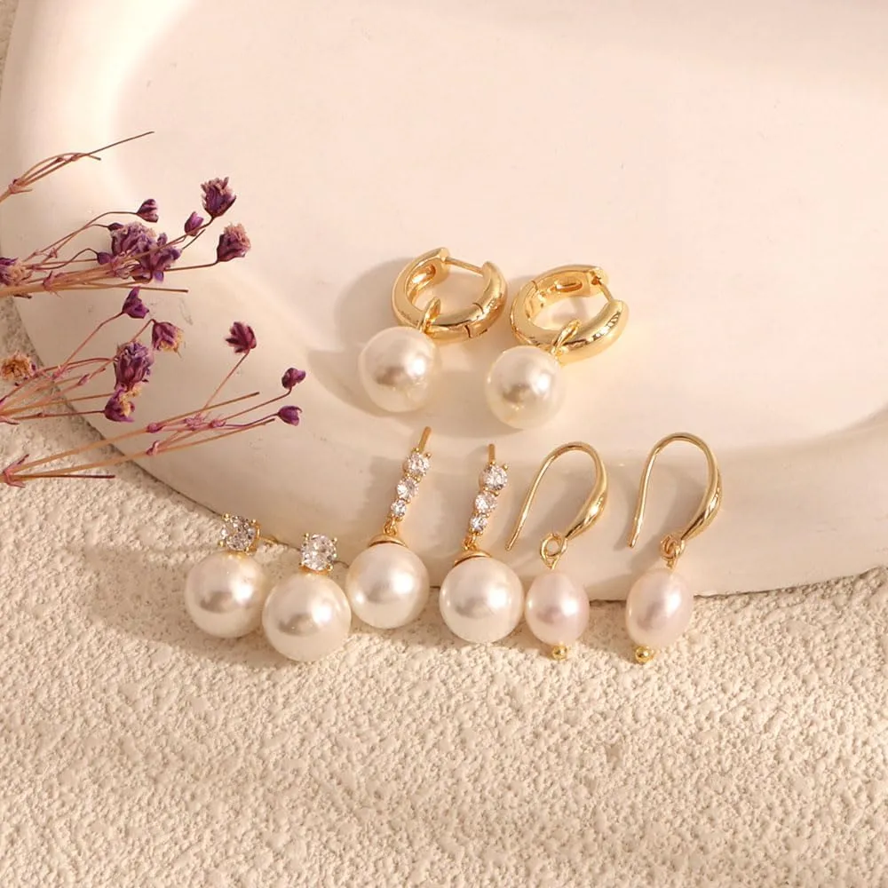 Pearl Earrings Set Hypoallergenic 14K Gold Plated Freshwater Long Pearl Drop Dangle Earrings 8mm 10mm Fake Pearls Studs for Women Gift Wedding Earrings for Brides Bridesmaid