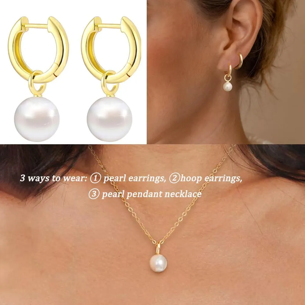 Pearl Earrings Set Hypoallergenic 14K Gold Plated Freshwater Long Pearl Drop Dangle Earrings 8mm 10mm Fake Pearls Studs for Women Gift Wedding Earrings for Brides Bridesmaid
