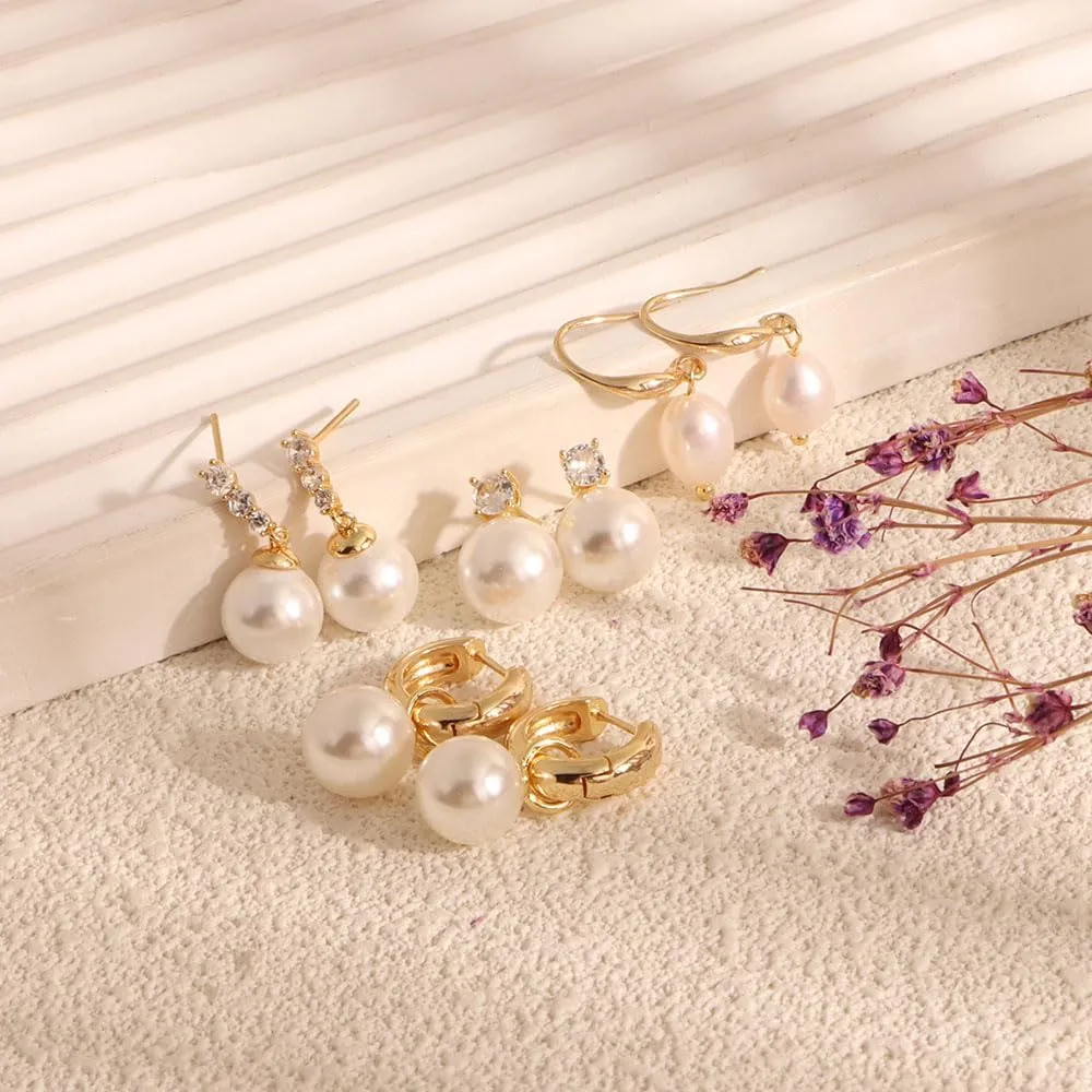 Pearl Earrings Set Hypoallergenic 14K Gold Plated Freshwater Long Pearl Drop Dangle Earrings 8mm 10mm Fake Pearls Studs for Women Gift Wedding Earrings for Brides Bridesmaid