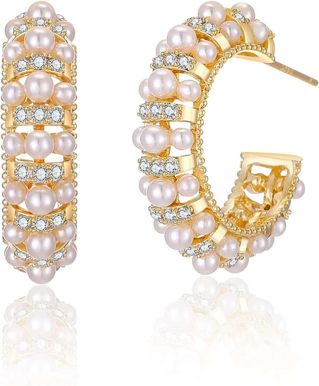 Pearl Hoop Earrings for Women, Trendy 14K Gold Plated Round Pearl Cuff Hoop Earrings Hypoallergenic Statement Earrings Jewelry for Her