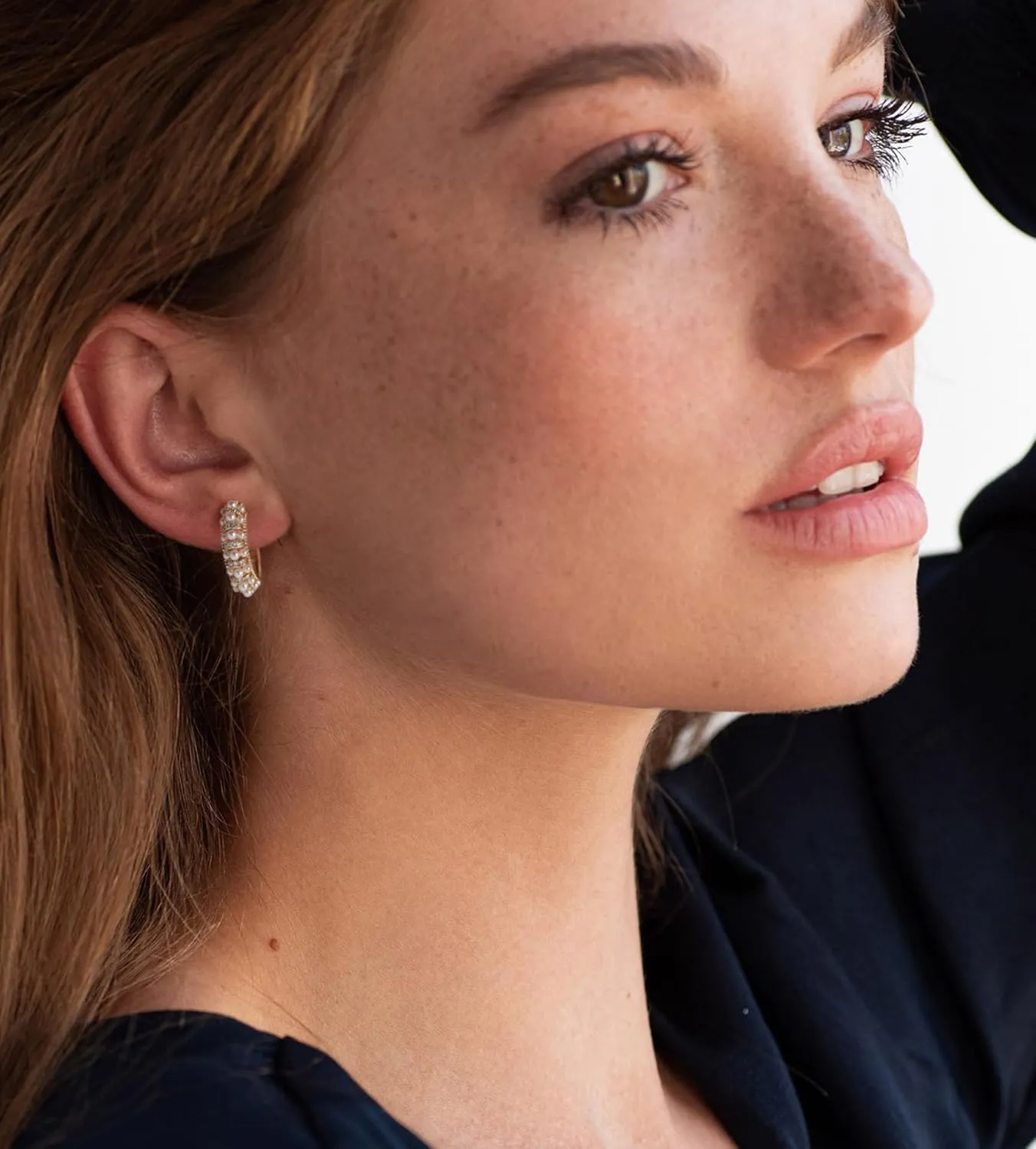Pearl Hoop Earrings for Women, Trendy 14K Gold Plated Round Pearl Cuff Hoop Earrings Hypoallergenic Statement Earrings Jewelry for Her