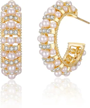 Pearl Hoop Earrings for Women, Trendy 14K Gold Plated Round Pearl Cuff Hoop Earrings Hypoallergenic Statement Earrings Jewelry for Her