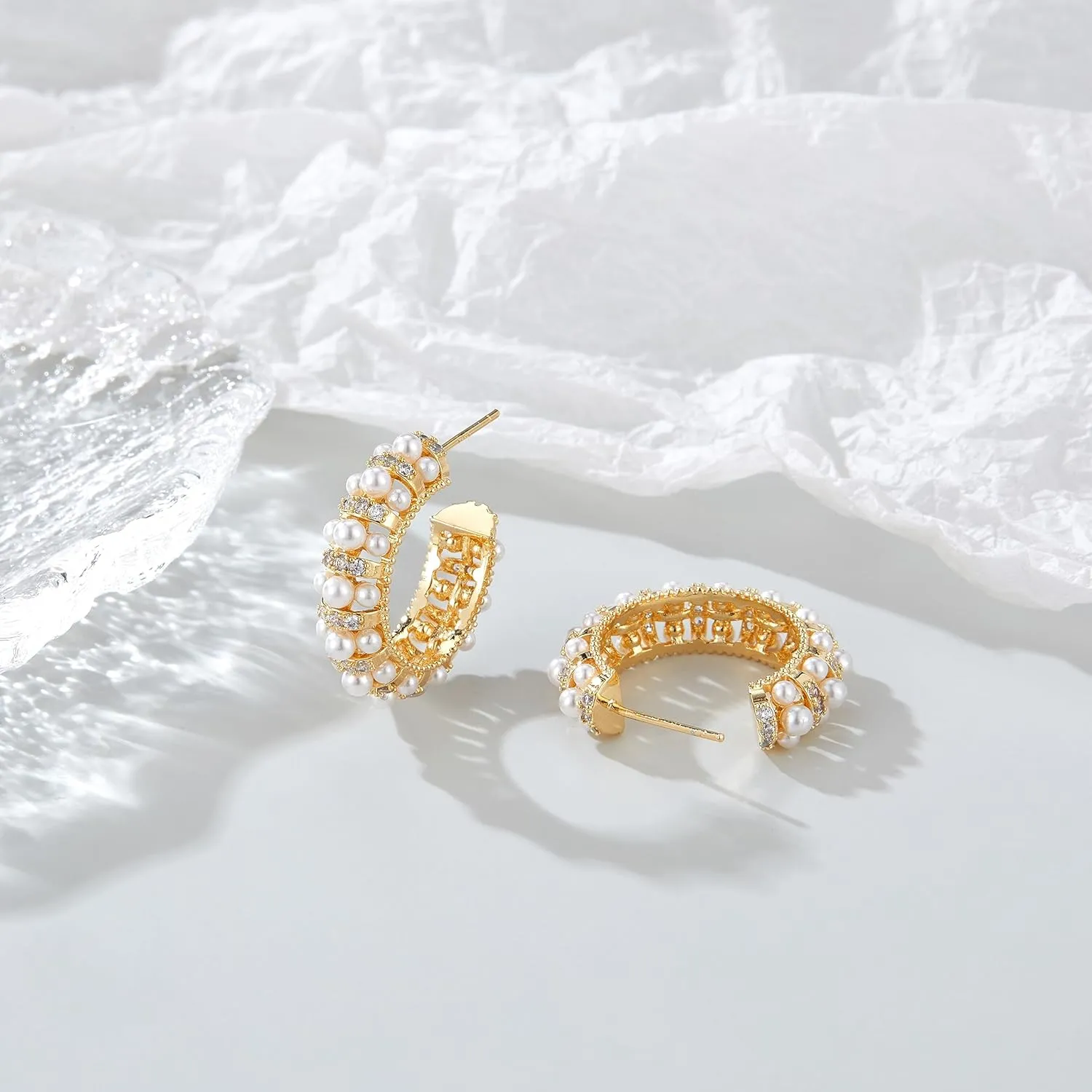 Pearl Hoop Earrings for Women, Trendy 14K Gold Plated Round Pearl Cuff Hoop Earrings Hypoallergenic Statement Earrings Jewelry for Her