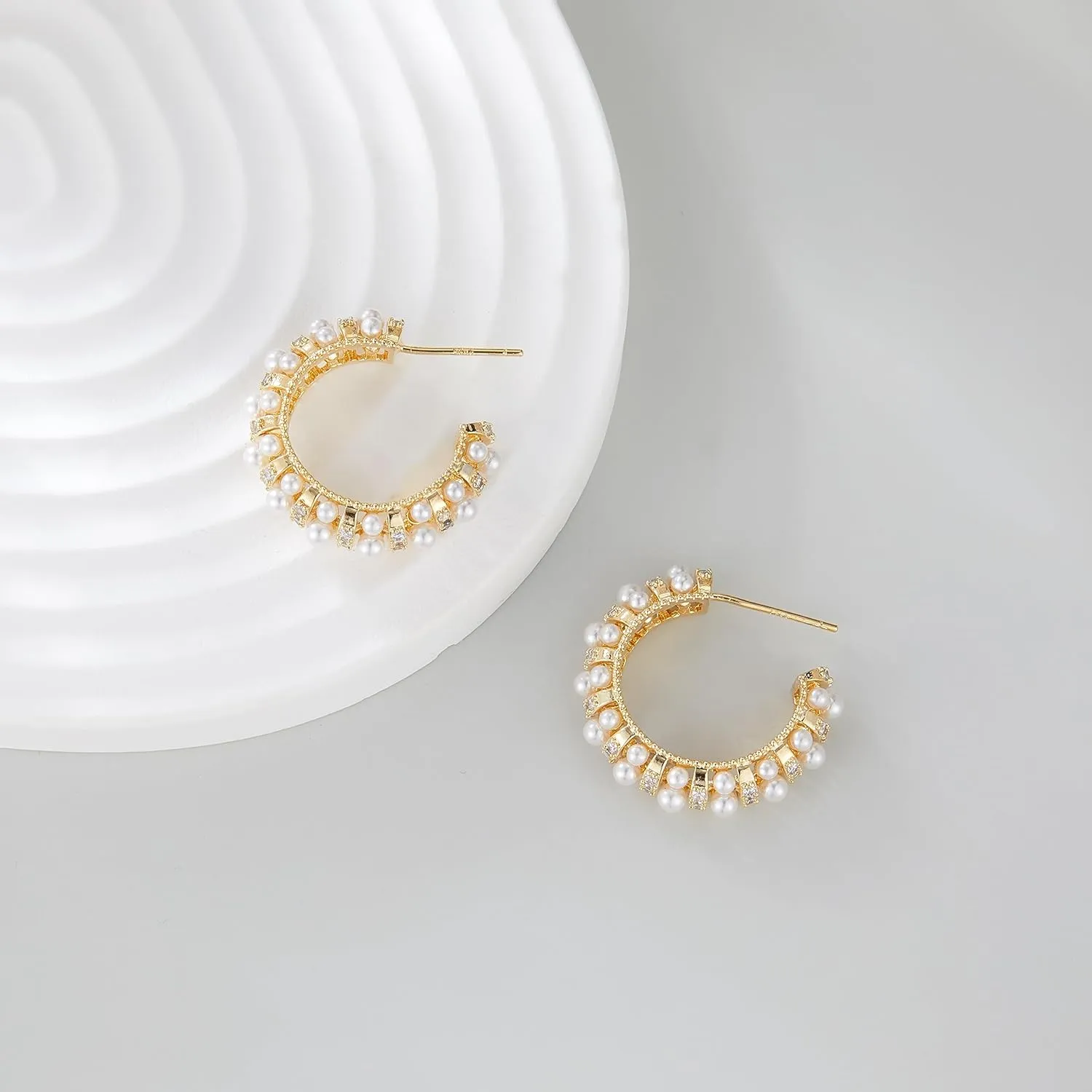 Pearl Hoop Earrings for Women, Trendy 14K Gold Plated Round Pearl Cuff Hoop Earrings Hypoallergenic Statement Earrings Jewelry for Her