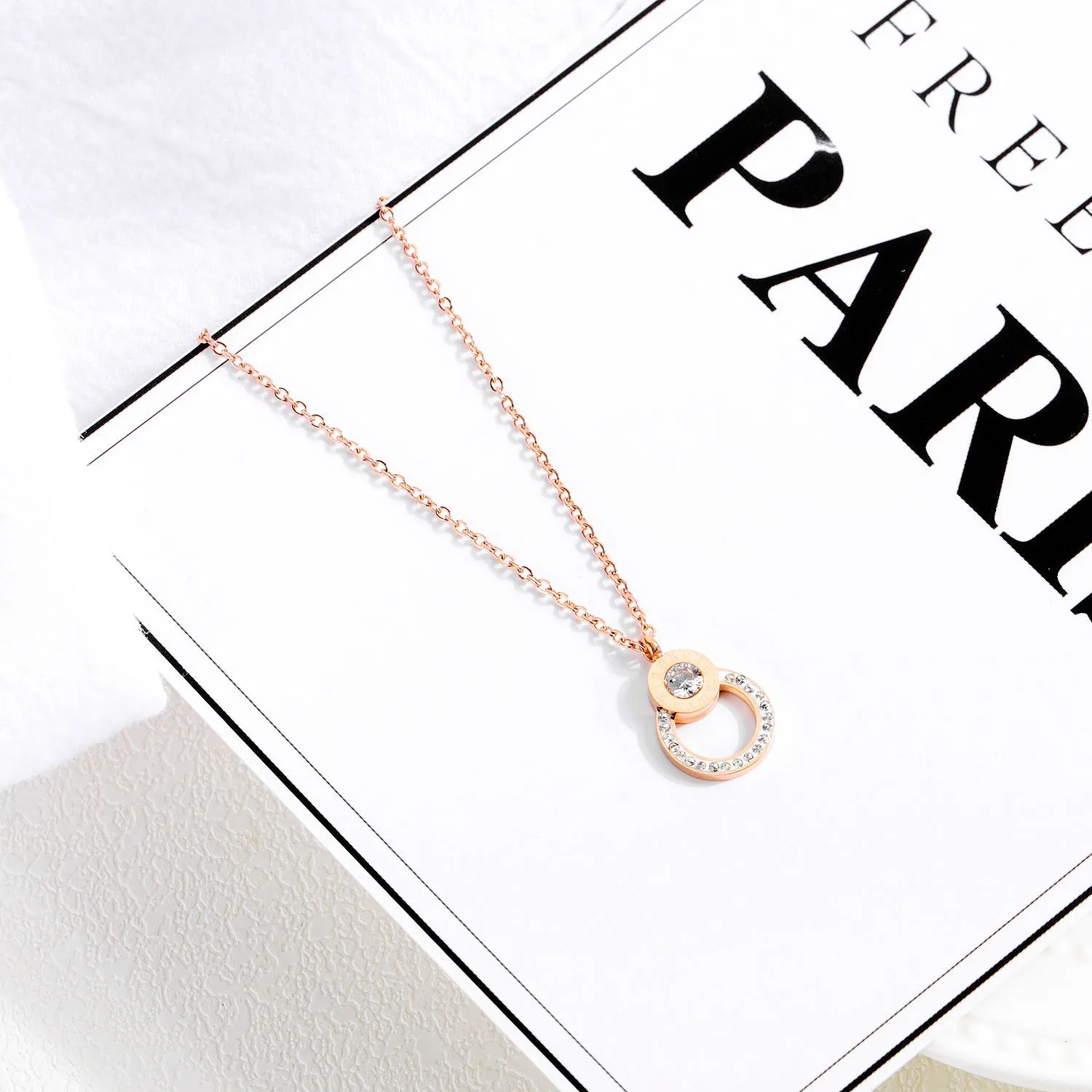 Pendant In Titanium Steel with Zirconia Necklace with Roman Numerals for Women