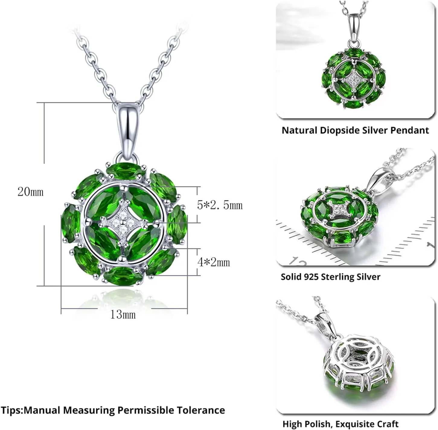 Pendant Necklaces for Women Setting Natural Gemstone Chrome Diopside Tanzanite Birthstone Pendants S925 Sterling Silver Cubic Zirconia Classic Style Fine Jewelry for Her