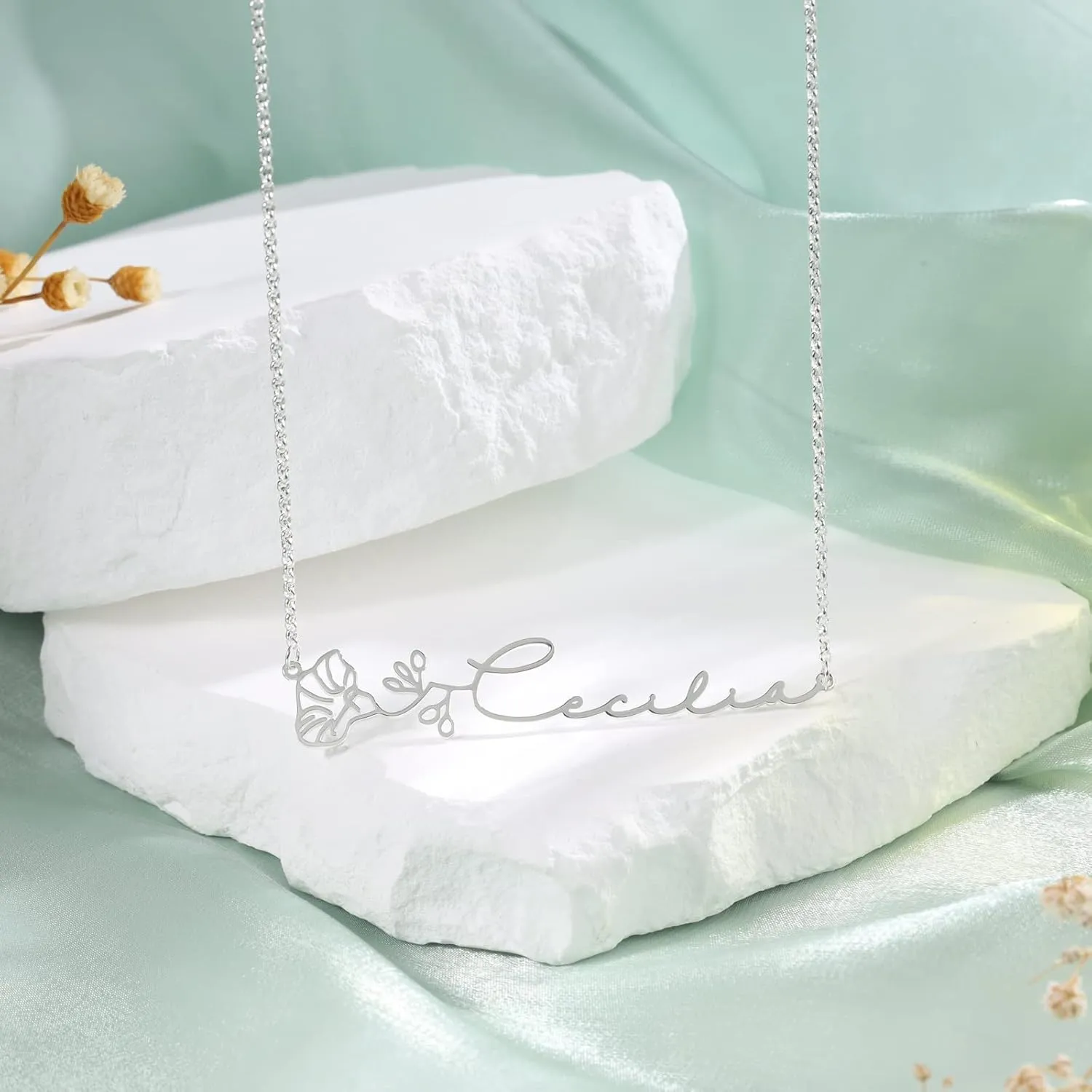 Personalized Birth Flower Necklace Custom Classic Nameplate Necklace Sterling Silver Pendant Jewelry Gift for Womem Bridesmaids