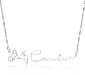Personalized Birth Flower Necklace Custom Classic Nameplate Necklace Sterling Silver Pendant Jewelry Gift for Womem Bridesmaids