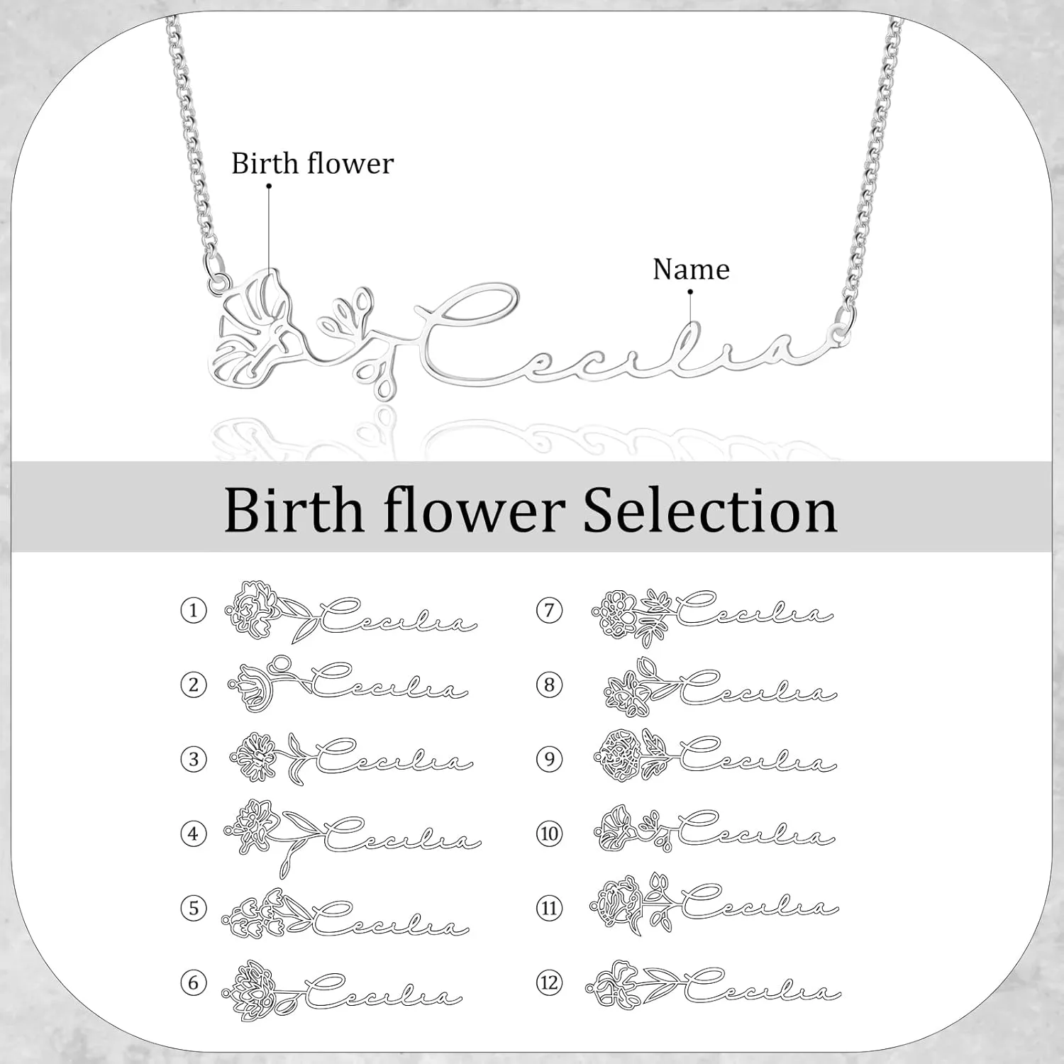 Personalized Birth Flower Necklace Custom Classic Nameplate Necklace Sterling Silver Pendant Jewelry Gift for Womem Bridesmaids