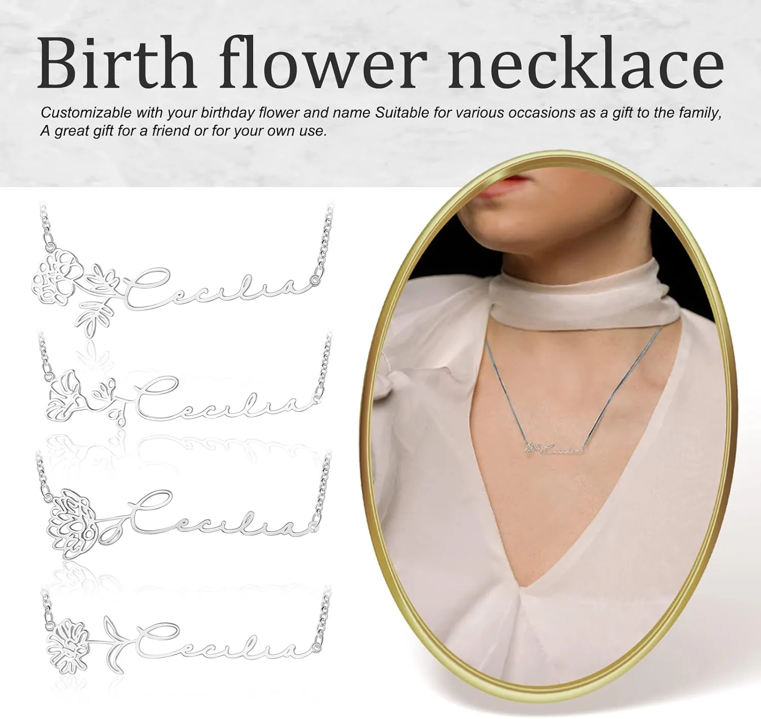 Personalized Birth Flower Necklace Custom Classic Nameplate Necklace Sterling Silver Pendant Jewelry Gift for Womem Bridesmaids