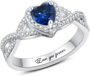Personalized Birthstone Promise Rings Heart Love Halo Ring for Women 1 Stone Jewelry for Mother Daughter Her Best Friends Custom Engraved Name Gift.