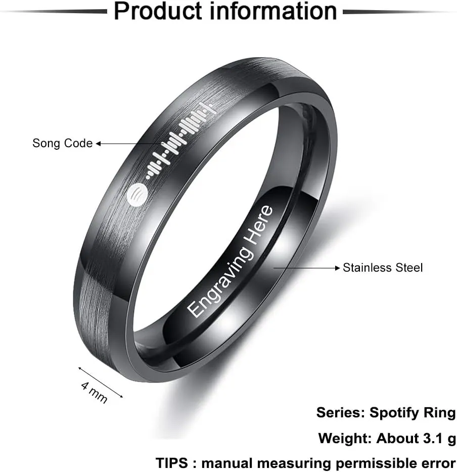 Personalized Couples Rings His and Her Rings Custom Engraved Name & Text, Black Stainless Steel Spotify Code Music Rings for Women Men BFF (Black (Spotify))
