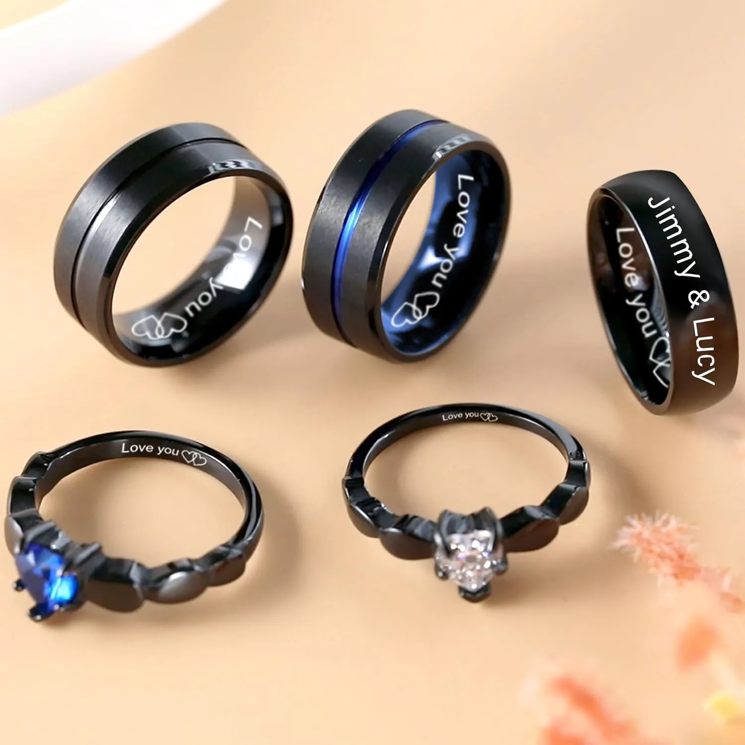 Personalized Matching Couples Rings Set Customized Engraved Name Rings for Couples Stainless Steel Matching Promise Rings for Couples Women Men Wedding Ring Set with Gift Bag