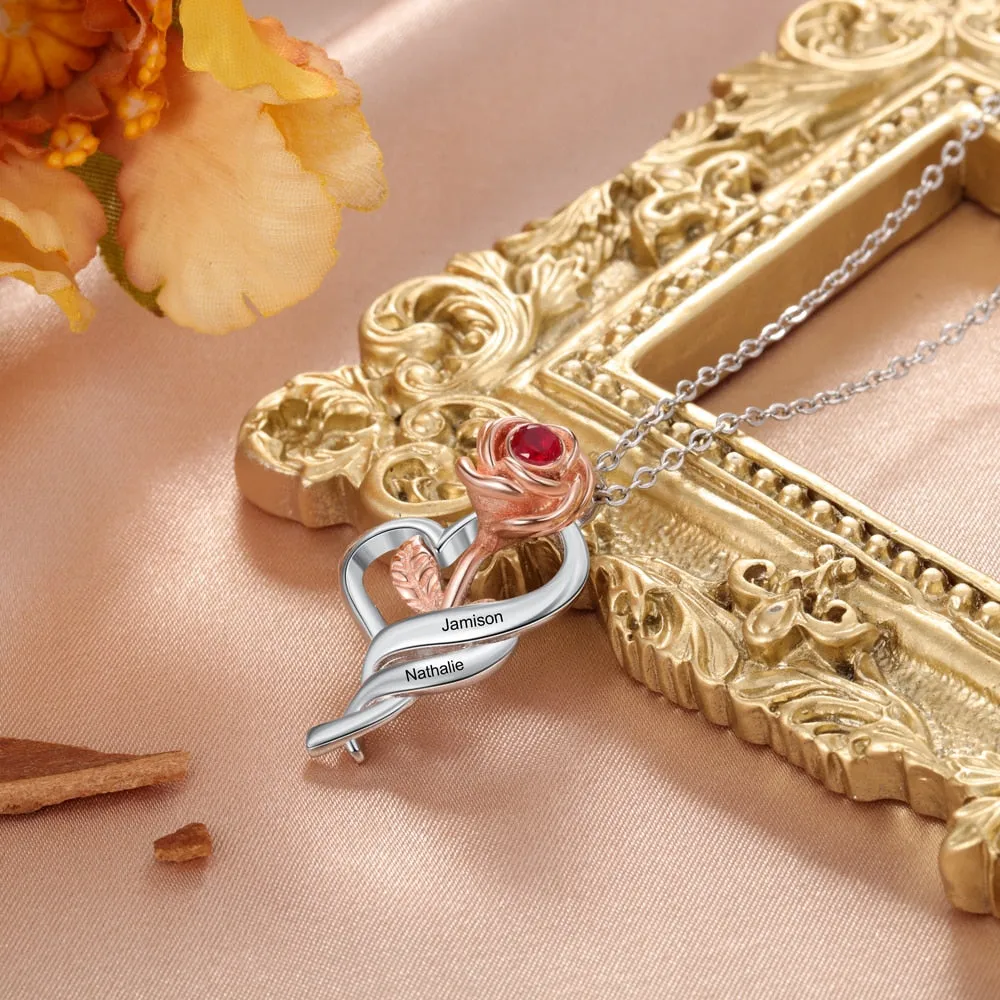 Personalized Name Engraving Rose Flower Pendant Necklace Customized 12 Colors Birthstone Necklace Valentines Day Gift