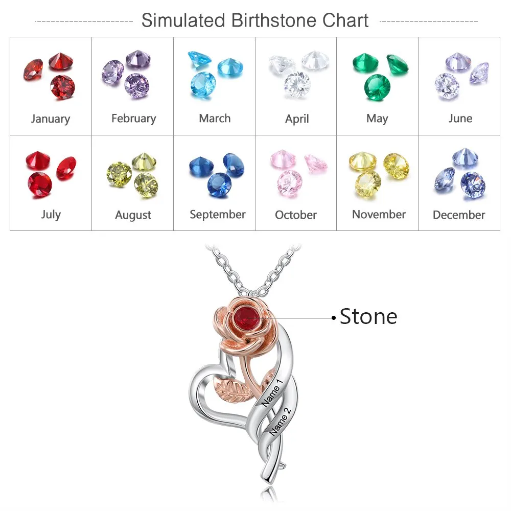 Personalized Name Engraving Rose Flower Pendant Necklace Customized 12 Colors Birthstone Necklace Valentines Day Gift