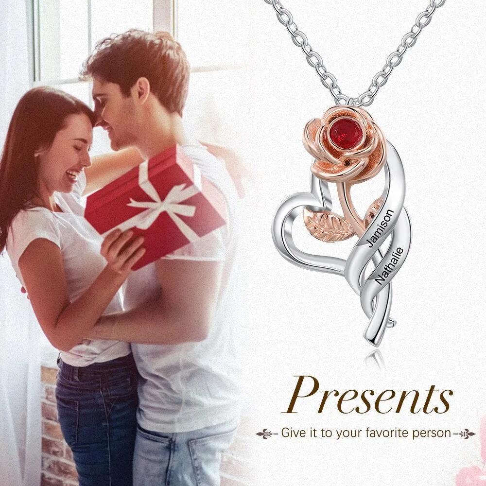 Personalized Name Engraving Rose Flower Pendant Necklace Customized 12 Colors Birthstone Necklace Valentines Day Gift