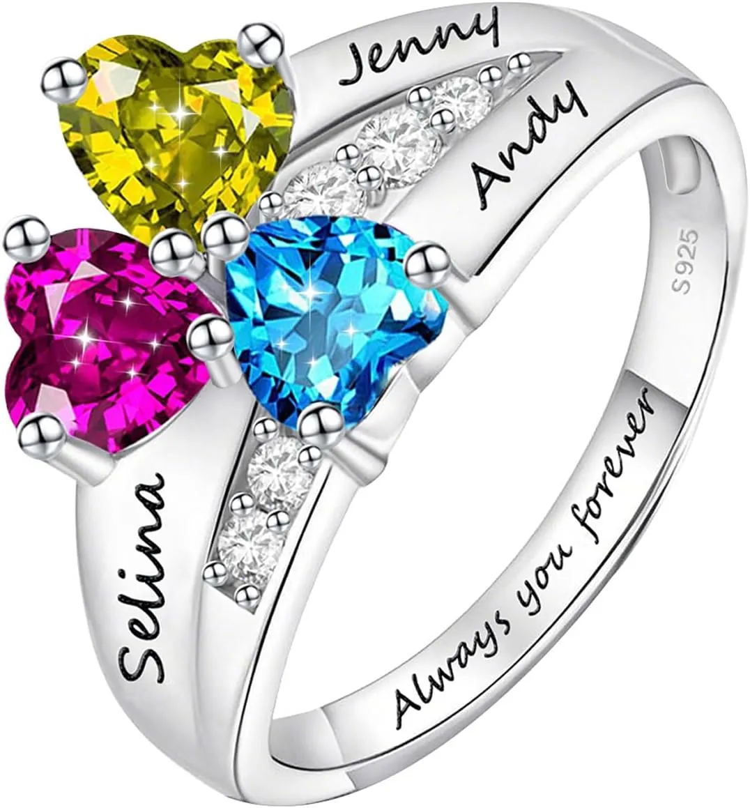 Personalized Sterling Silver 1-5 Birthstone Rings with Name Custom Promise Friendship Rings Christmas Anniversary Memorial Jewelry Gifts for Women Wife Mom Grandma Her