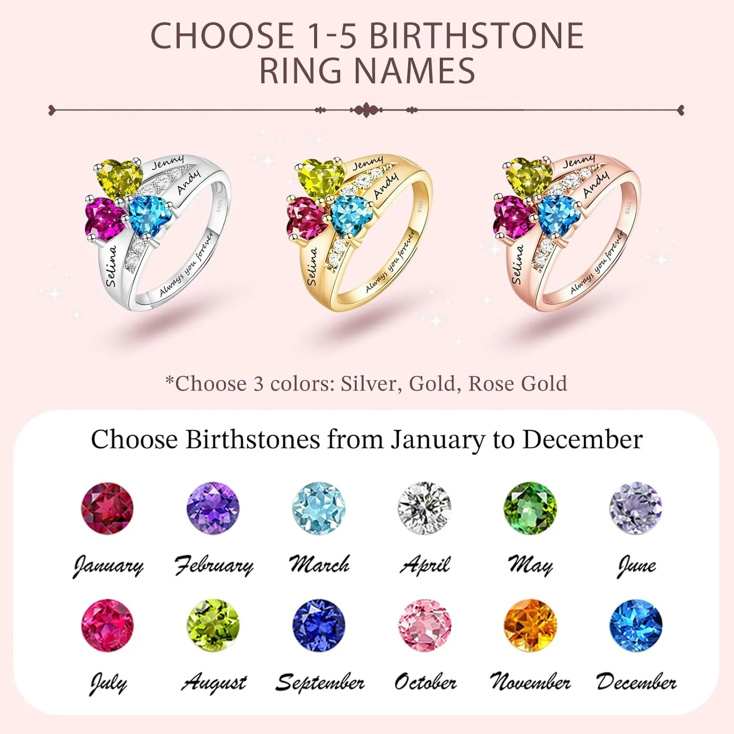 Personalized Sterling Silver 1-5 Birthstone Rings with Name Custom Promise Friendship Rings Christmas Anniversary Memorial Jewelry Gifts for Women Wife Mom Grandma Her