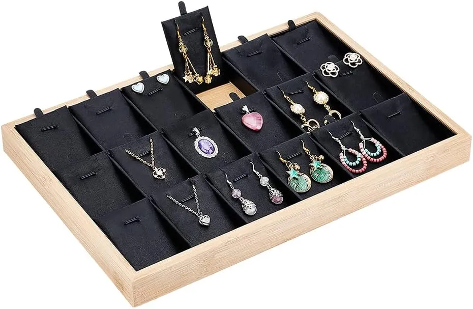 PH PandaHall Jewelry Organizer Trays, 18 Grids Pendant Earrings Necklace Organizer Display Showcase with Pu Imitation Leather Stackable Jewelry Tray Gifts for Men Women, Black